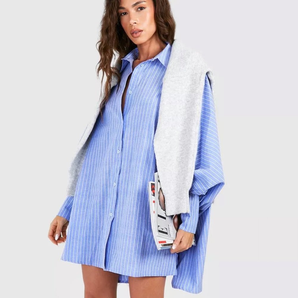 STRIPE OVERSIZED BATWING BALLOON SLEEVE SHIRT DRESS